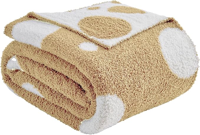 CozeCube Super Soft Fullfy Microfiber Reversible Knitted Blankets, Warm Cozy Fuzzy Plush Throw, Beige and White Polka Dot Throw Blanket for Couch Bed Sofa, 50" x 60"