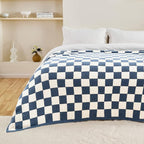 CozeCube Super Soft Fullfy Microfiber Reversible Knitted Blankets, Warm Cozy Fuzzy Plush Throw, Checkered Throw Blanket for Couch Bed Sofa, Dusty Blue and White, 60" x 80"