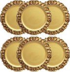 13" Antique Gold Charger Plates, Set of 6 Plastic Textured Chargers for Dinner Plates with Embossed Rim, Table Décor, Party, Wedding, Holiday