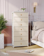 Crestlive Products Tall Dresser, 7-Drawer Wide Fabirc Storage Tower, Chests of Drawers - Vertical Organizer Unit for Bedroom, Hallway, Entryway, Nursery, Wood Top, Closets with Handles (Beige)