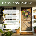 Solar Spring Wreath for Front Door Pre-lit 24inch 50LED Wreaths Spring Summer Decor for Outside Aftificial Wreaths Purple Morning Glory Wreath for Wall Festival Farmhouse Decor(2405)