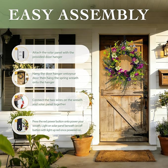 Solar Spring Wreath for Front Door Pre-lit 24inch 50LED Wreaths Spring Summer Decor for Outside Aftificial Wreaths Purple Morning Glory Wreath for Wall Festival Farmhouse Decor(2405)