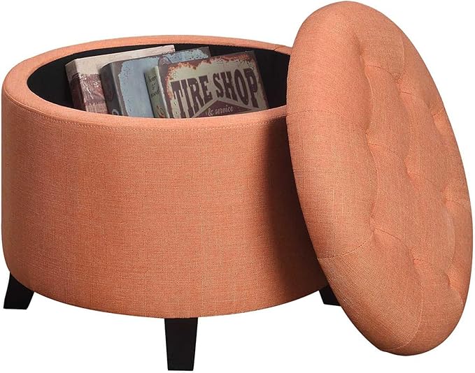 Convenience Concepts Designs4Comfort Round Storage Ottoman 19.75" - Versatile Contemporary Foot Stool for Living Room, Office, Coral Fabric