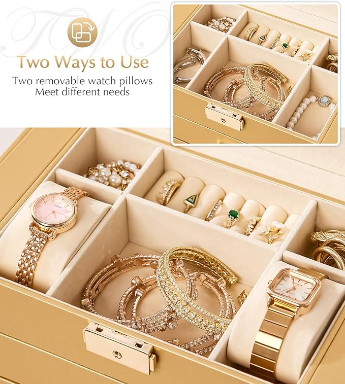 Valentine's Day Gifts Homde Synthetic Leather Huge Jewelry Box Mirrored Watch Organizer Necklace Ring Earring Storage Lockable Gift Case (Gold)
