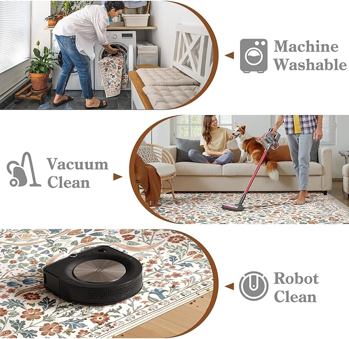 Moynesa Floral Washable Rugs, 8x10 Area Rug for Living Room, Soft Large Boho Bedroom Rugs, Flower Non Slip Ultra Thin Botanical Carpet for Dining Room Nursery Office, Beige