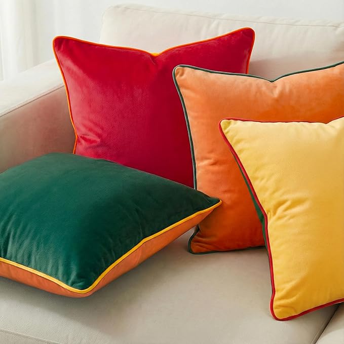 Mecatny Set of 4 Velvet Throw Pillow Covers 20x20, Soft Colorful Accent Decorative Couch Pillow Covers for Sofa Bedroom Living Room, Green/Red