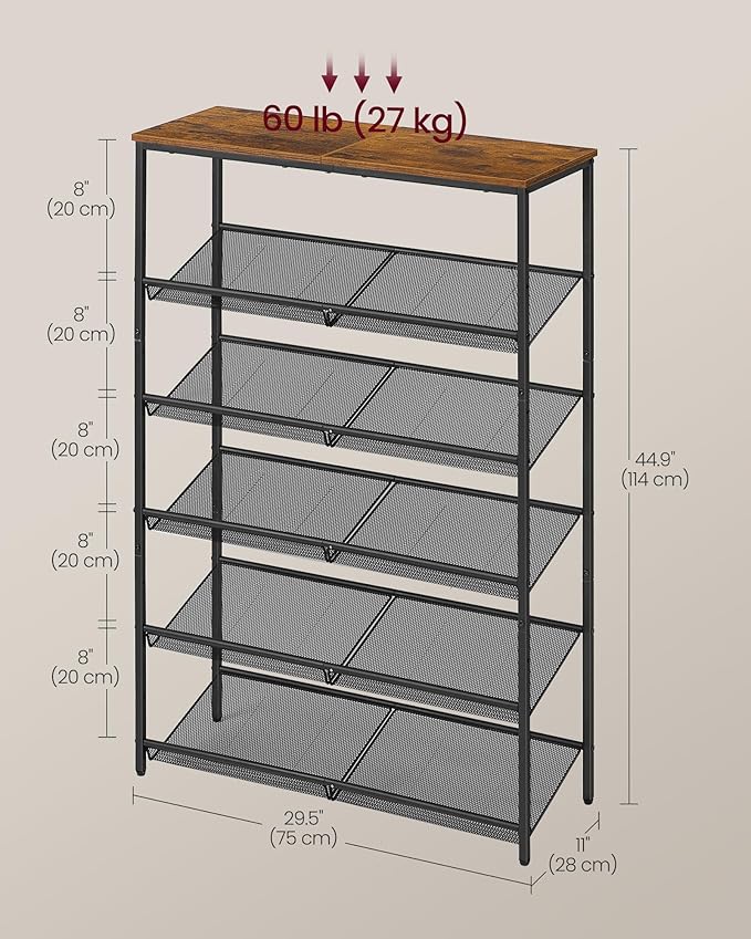 VASAGLE Shoe Rack for Entryway, 6-Tier Shoe Rack Organizer with Storage Shelves and Spacious Top, Freestanding, Adjustable, Industrial, Rustic Brown and Ink Black ULBS044KD01