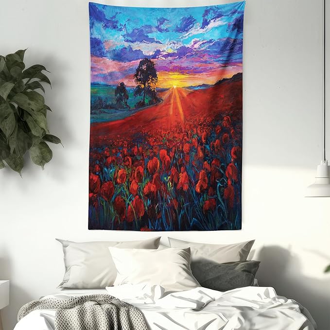 Ambesonne Country Tapestry, Clouds at Sunset Paint Scenery of Poppy Flower Garden on Valley with Horizon, Fabric Wall Hanging Decor for Bedroom Living Room Dorm, 23" X 28", Burgundy Deep Sky Blue