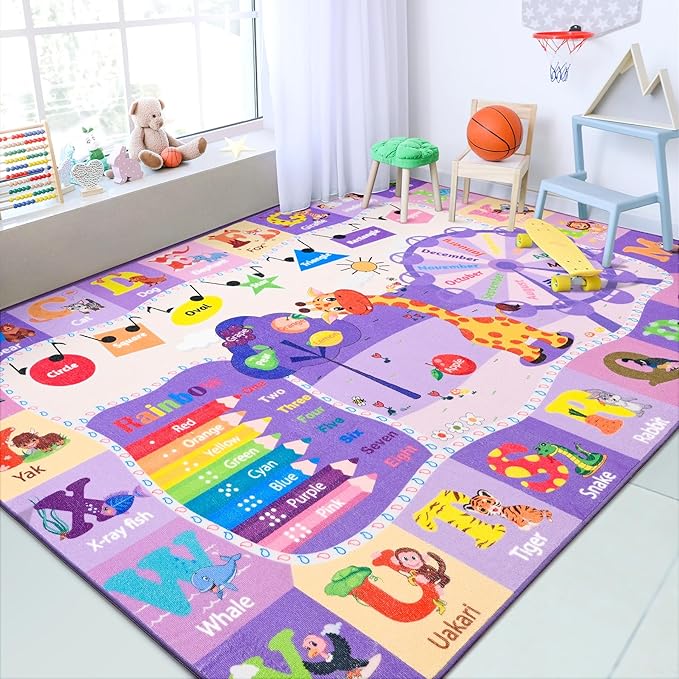 Chicrug Educational Kid Area Rug for Playroom, 6x9 Feet TPR Non Slip Kids Classroom Carpet Rug for Learning ABC Animal, Shape Color Fruit, Washable Play Mat Rug for Children Nursery Toddler Room Decor