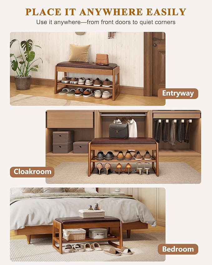 Shoe Rack Bench Seat Rubberwood 2-Tier Wooden Storage Bench 550lbs Compact Mid-Century Modern Design for Entryway, Hallway, Closet, Front Door Entrance, Foyer