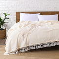 Ultra Soft Fleece Sherpa Blanket King Size,Lightweight Cozy Boho Bed Blanket with Decorative Tassel, Pattern Reversible, Antique White,104”x90”