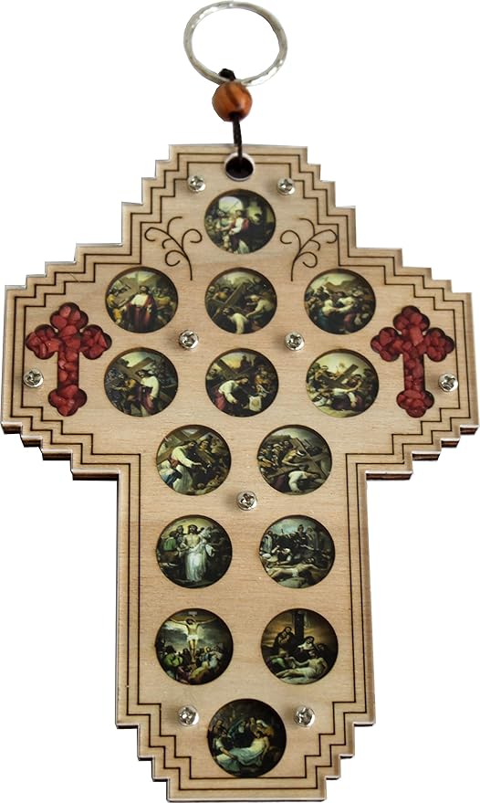 Three Layers with enameled Medals Showing 14 Stations of The Cross and 2 Small Crosses Filled with Natural Holy Land Stones (14 Stations Cross/Crucifix, 6.5)