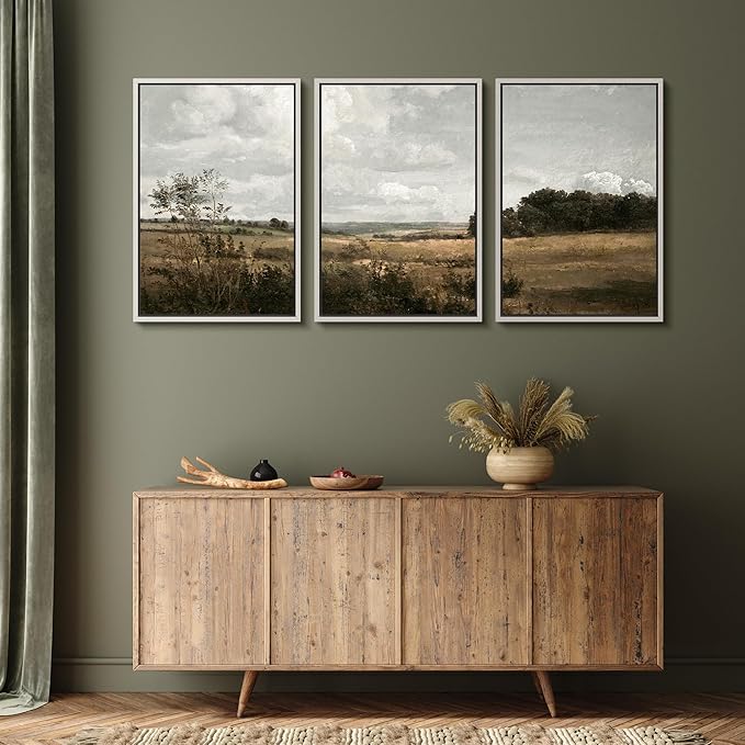 MUDECOR Framed Canvas Print Wall Art Rustic Fields Tranquil Countryside Landscape Nature Wilderness Illustrations Realism Decorative Panoramic Earth for Living Room, Bedroom, Office - 24"x36"x3 White