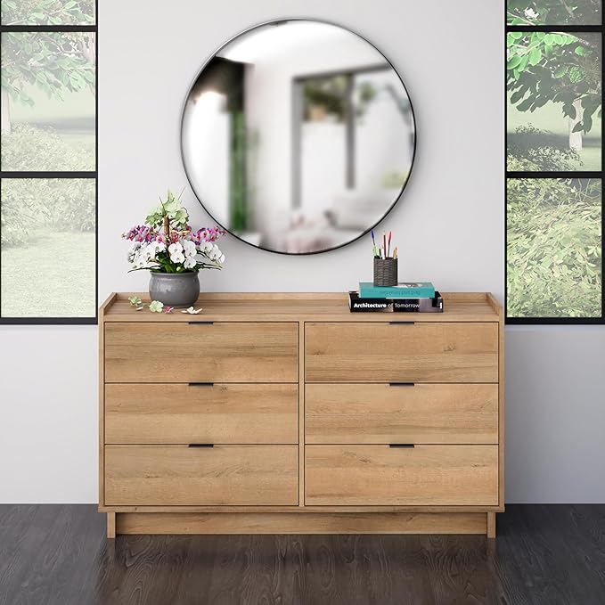 Prepac Simply Modern 6-Drawer Double Dresser for Bedroom, Chest of Drawers, Modern Bedroom Furniture, 52.5” Wide x 16” deep x 29.5” Tall, Oak