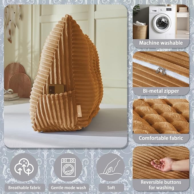 Headboard Wedge Pillow + A Long Neck Roll Pillow Body Pillow，Large Headboard Pillow with Removable Cover (Brown, Twin：39x8x20 inches)