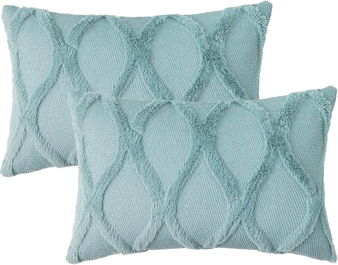 decorUhome Spring Throw Pillow Covers 12x20 Inch Set of 2, Soft Plush Faux Fur Wool Lumbar Aqua Couch Pillow Covers, Decorative Neutral Pillow Cases for Bed Sofa Living Room Home Decor