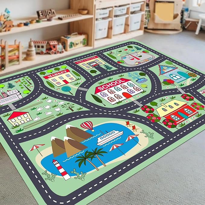 Kids Car Playmat, Kids Rug for Playroom Car Mat Town City Road Traffic Rugs, Play Mat for Floor, Extra Large Boys Kid Car Track Play Rug (Style Two, 59X 39.4 INCH)