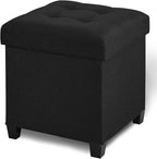17.7" Ottoman with Storage, Square Storage Ottoman for Dorm, Linen Ottomans with Legs for Living Room, Bedroom, Black
