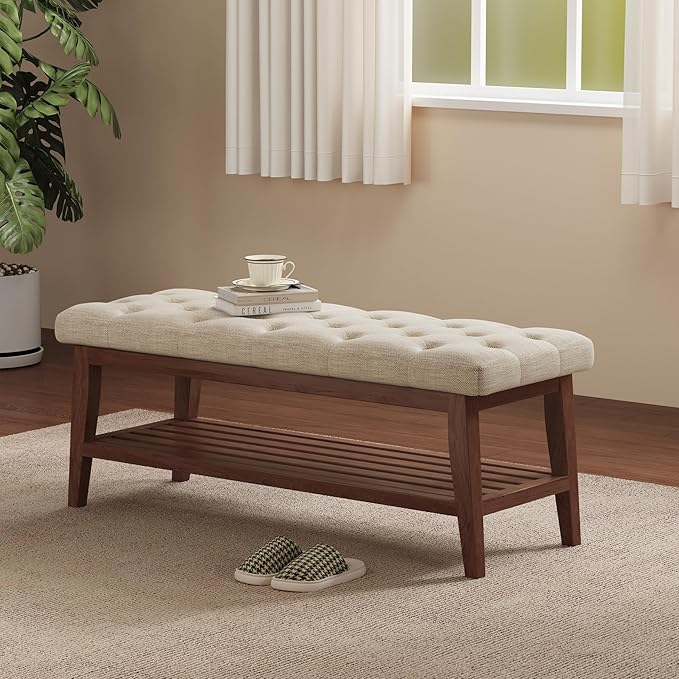 LEILISI Entryway Shoe Bench with Storage, End of Bed Bench, Linen Upholstered Button-Tufted Seat Bench with Solid Wood Frame for Living Room, Bedroom (Beige, 39.4'')