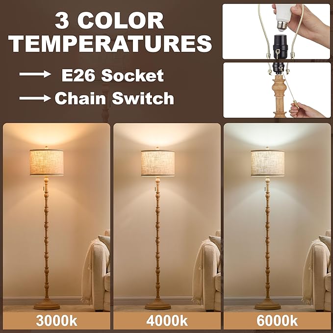 63.5'' Floor Lamps for Living Room, Farmhouse Floor Lamp for Bedroom with 3 Color Temperatures, Vintage Standing Lamps for Living Room, Living Room Light, Chain Switch, Bulb Included, Cream