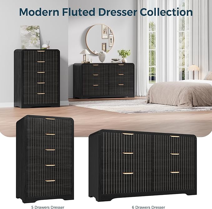 Modern 6 Drawer Dresser for Bedroom, 47" Wide Wood Dressers & Chests of Drawers Curved Profile Design, Mid Century Modern Fluted Dresser for Bedroom, Black Dresser