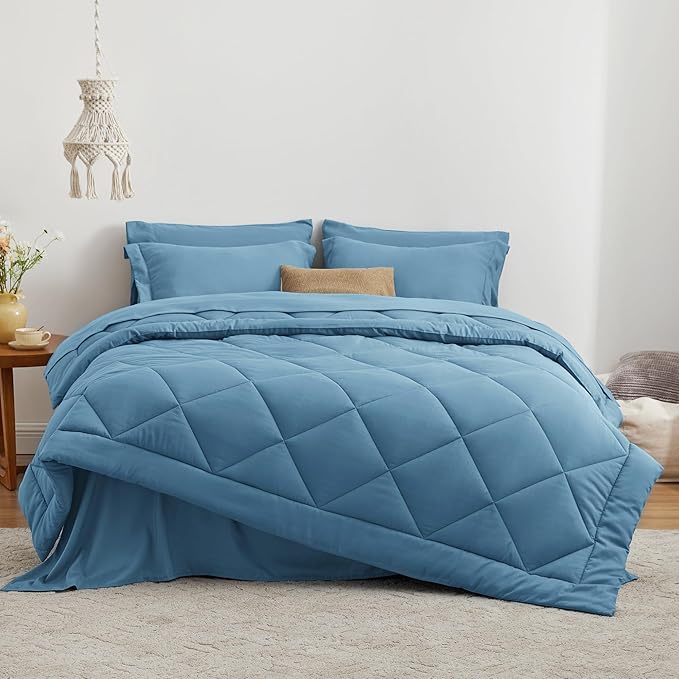 Love's cabin Twin Comforter Set Misty Blue, 5 Pieces Twin Bed in a Bag, All Season Bedding Sets with 1 Comforter, 1 Flat Sheet, 1 Fitted Sheet, 1 Pillowcase and 1 Pillow Sham