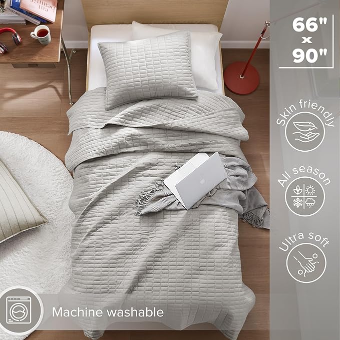 Comfort Spaces Kienna Quilt Set- Double Sided Stitching Design Summer Blanket, Lightweight, Soft, All Season Bedding Layer, Matching Sham, Grey, Coverlet Twin/Twin XL(66"x90") 2 Piece