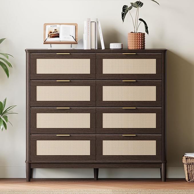 LINSY HOME Rattan Dresser with 8 Deep Drawers, 54" Wide Long Chest of Drawers, Mid Century Modern Tall Dresser, Large Wood Boho Storage Cabinet for Bedroom with Metal Handle and Durable Legs, Walnut