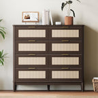 LINSY HOME Rattan Dresser with 8 Deep Drawers, 54" Wide Long Chest of Drawers, Mid Century Modern Tall Dresser, Large Wood Boho Storage Cabinet for Bedroom with Metal Handle and Durable Legs, Walnut