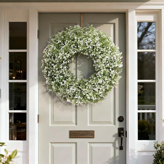 26" Artificial Boxwood Wreath for Front Door - Large Faux Aglaia Odorata Wreath, Fake Eucalyptus Leaves Plants for Wall Window Farmhouse Outdoor Decor - Spring, Summer, All Seasons (White-Green)