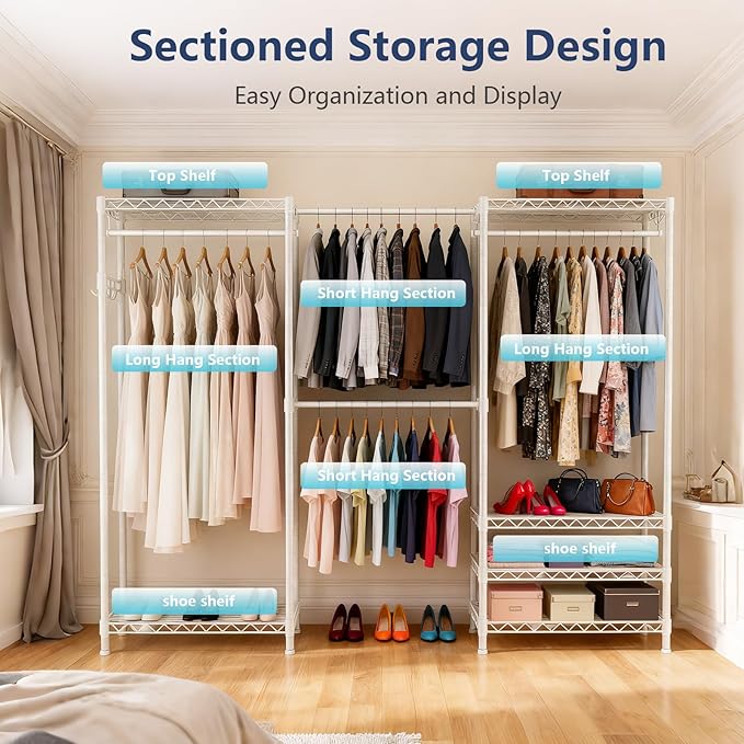 Clothes Rack, Heavy Duty Clothes Rack, Large Wire Closet Garment Rack, Freestanding Expandable Metal Clothing Rack with 4 Hanging Rods, 6 Shelves, and 4 Hangers for Hanging Clothes, White