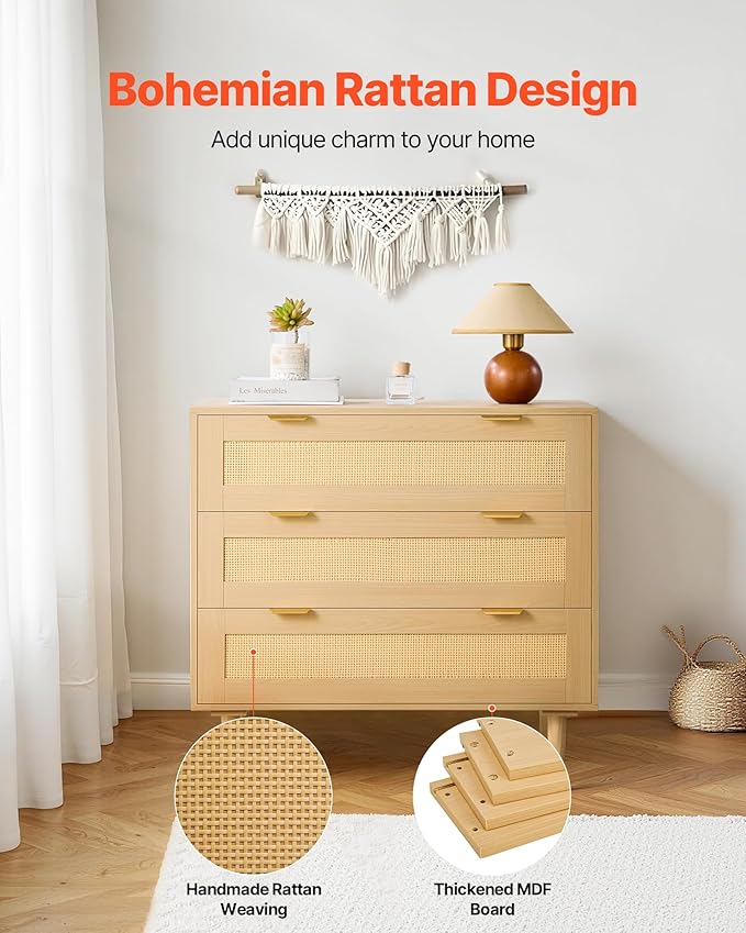 VEVOR 3 Drawer Rattan Dresser, Small Boho Dresser for Bedroom, 31.5" Wide Chest of Drawers with Metal Handles & Wooden Legs, Wood Clothing Storage Closet for Living Room, Hallway, Natural Oak