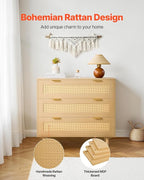 VEVOR 3 Drawer Rattan Dresser, Small Boho Dresser for Bedroom, 31.5" Wide Chest of Drawers with Metal Handles & Wooden Legs, Wood Clothing Storage Closet for Living Room, Hallway, Natural Oak