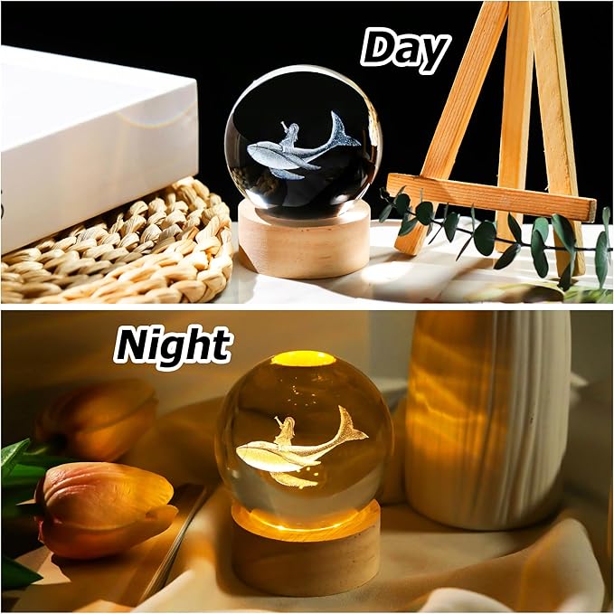 3D Whale Girl Crystal Ball with Wooden Light Base Glass Whales Girls Figurine Night Light Decor for Whale Lovers Women Daughter on Christmas Valentine's Day Birthday (Diameter 2.36 inches)