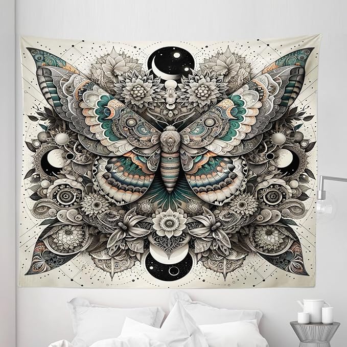 Ambesonne Mandala Tapestry King Size, Medieval Esotery Inspired Oriental Moth with Floral Details Witchcore, Wall Hanging Bedspread Bed Cover Wall Decor, 104" X 88", Grey Yellow Green Sepia