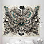 Ambesonne Mandala Tapestry King Size, Medieval Esotery Inspired Oriental Moth with Floral Details Witchcore, Wall Hanging Bedspread Bed Cover Wall Decor, 104" X 88", Grey Yellow Green Sepia