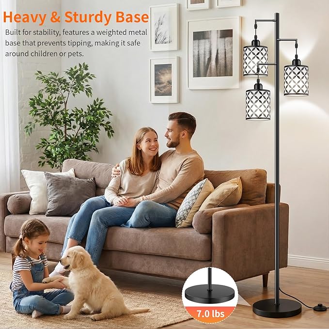 New Upgraded 72" Tall Dimmable Floor Lamp with 3 x 1100LM 12W Bright LED Bulbs, Farmhouse Standing Lamp with Remote Control, Industrial Tree Pole Floor Lamps for Living Room, Bedroom, Office - Black