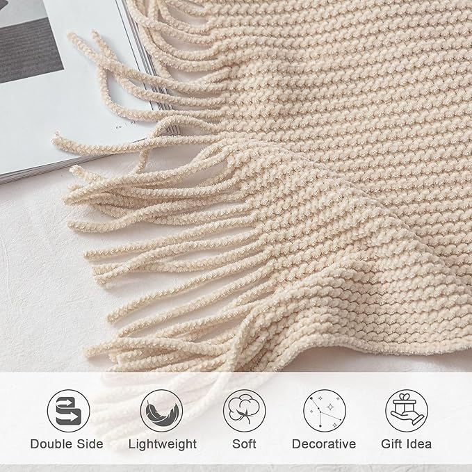 lifein Chenille Throw Blanket 50x60 - Soft Boho Knitted Blanket for Couch Cozy Farmhouse Decor Bed Throw, Lightweight All Season White/Cream Blanket, Decorative for Living Room Bedroom Spring Decor