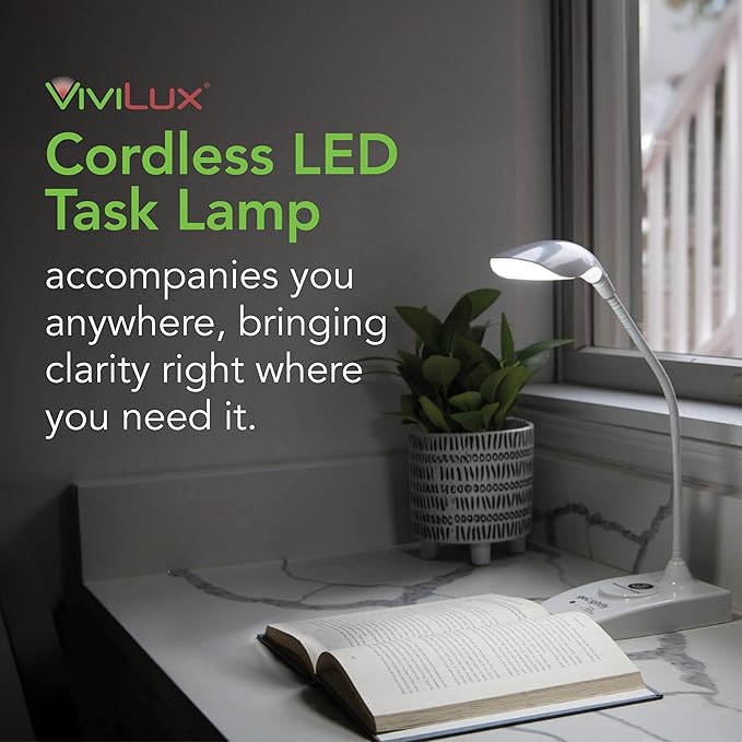 goLightly by ViviLux LED Rechargeable Desk Lamp with Wireless Charging Port, 20 Hour Battery, Portable Task Lighting for Crafts, Sewing & Study