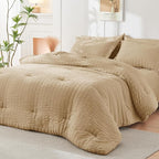 HYMOKEGE Khaki King Size Comforter Set Seersucker 7 Pieces, All Season Luxury Bed in a Bag for Bedroom, Bedding Set with Comforter, Sheets, Pillowcases & Shams
