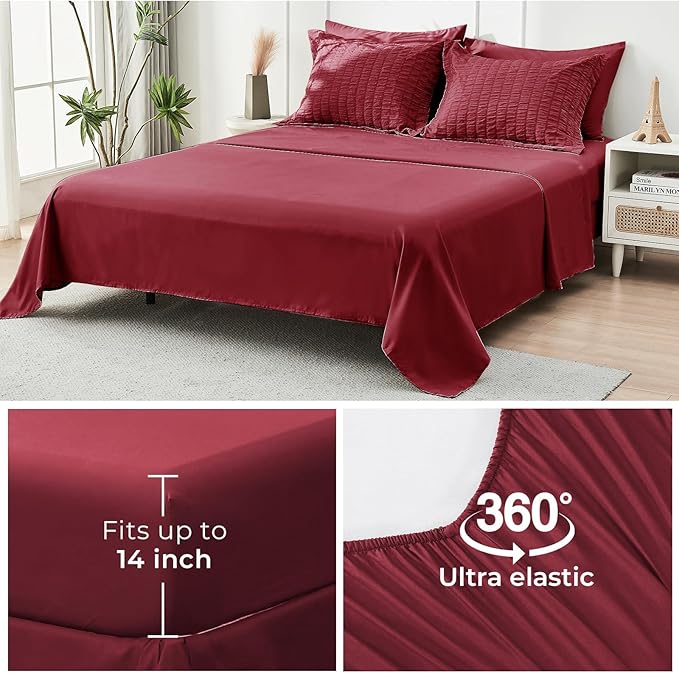 HYMOKEGE Burgundy California King Comforter Set Seersucker 7 Pieces, All Season Luxury Bed in a Bag for Bedroom, Bedding Set with Comforters, Sheets, Pillowcases & Shams