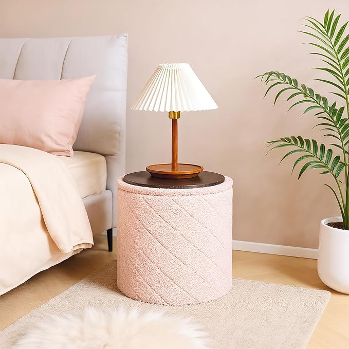 17" Foldable Boucle Round Storage Ottoman,Space-Saving Footrest/Seating/Coffee Table for Small Apartments,Dorms & Bedrooms-Pink