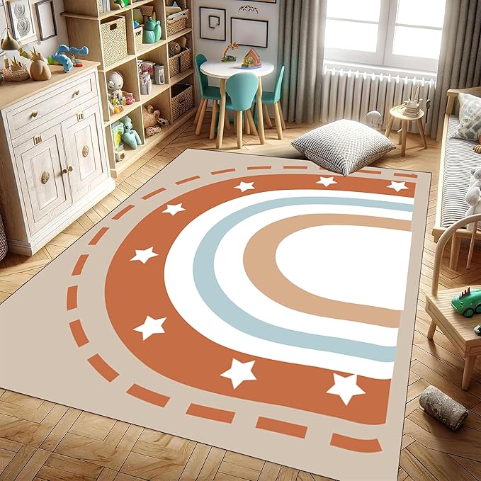 Machine Washable Rainbow Rugs Bedroom Fluffy Plush Soft Area Rugs Star Rainbow Patterns Living Room Non-Slip Indoor Flooring Kids Girls Boys Home Decor Aesthetics 6x9ft
