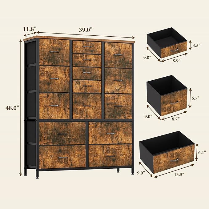 GarveeHome 15 Drawers Dressers, Chest of Drawers with Wood Tabletop, Metal Frame, Storage Organizer Unit with Fabric, Tall Dressers for Bedroom Living Room Hallway Entryway, Rustic Brown
