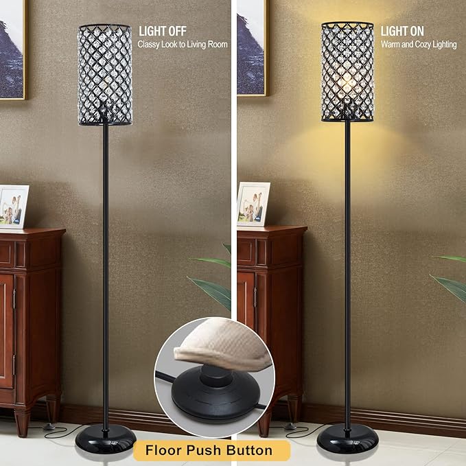 GyroVu Crystal Floor Lamp, Modern Standing Lamp with Elegant Shade Black Floor Lamp with On/Off Foot Switch,Tall Pole Accent Lighting for Living Room, Girl Bedroom, Dresser, Office