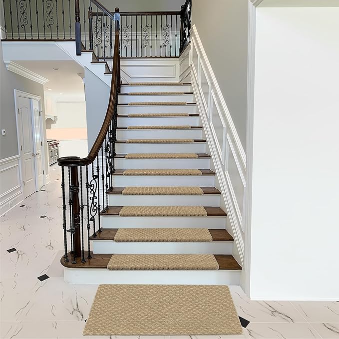 PURE ERA Bullnose Carpet Stair Treads Set Tape Free Non-Slip Indoor Stair Protectors Pet Friendly Rugs 9.5" x 30"(2 Pieces,Khaki Mini-Diamond Trellis)