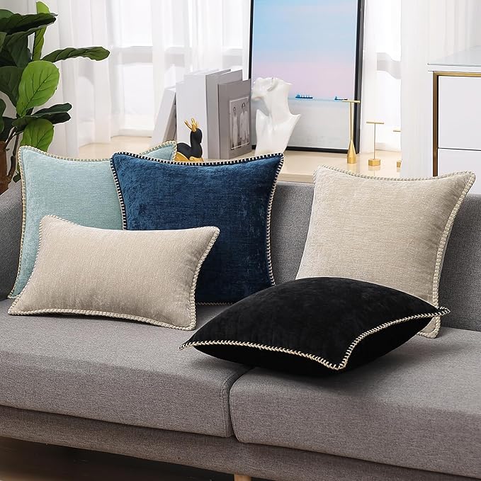 decorUhome Spring Chenille Soft Cozy Throw Pillow Covers 12x20 Set of 2, Modern Farmhouse Boho Velvet Decorative Pillow Cases with Stitched Edge for Couch Sofa Bed Home Decor, Poseidon