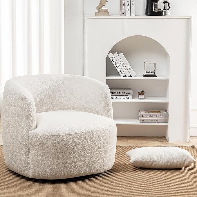 KINWELL 34" Wide Boucle Swivel Barrel Chair with 23" Ottoman Set, Fully Assembled Set of Sherpa Accent Chair and Footrest, Modern Comfy Armchair and Footstool for Living Room and Bedroom, Beige