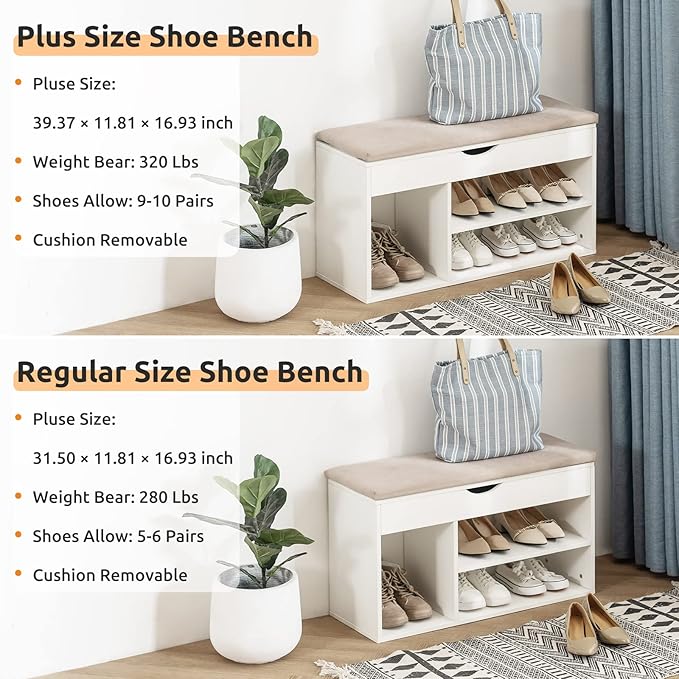 Apicizon 39 Inches Storage Bench, Shoe Bench with Flip Top Storage Space and Padded Cushion, Wooden Entryway Bench for Entryway, Living Room, 2-Tier Shoe Rack Organizer, White