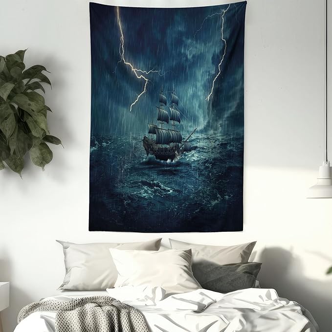 Ambesonne Landscape Tapestry, Stormy and Rainy Weather Waves Vintage Ship Sailing Oil Paint, Wall Hanging for Bedroom Living Room Dorm Decor, 60" X 80", Dark Cadet Blue White